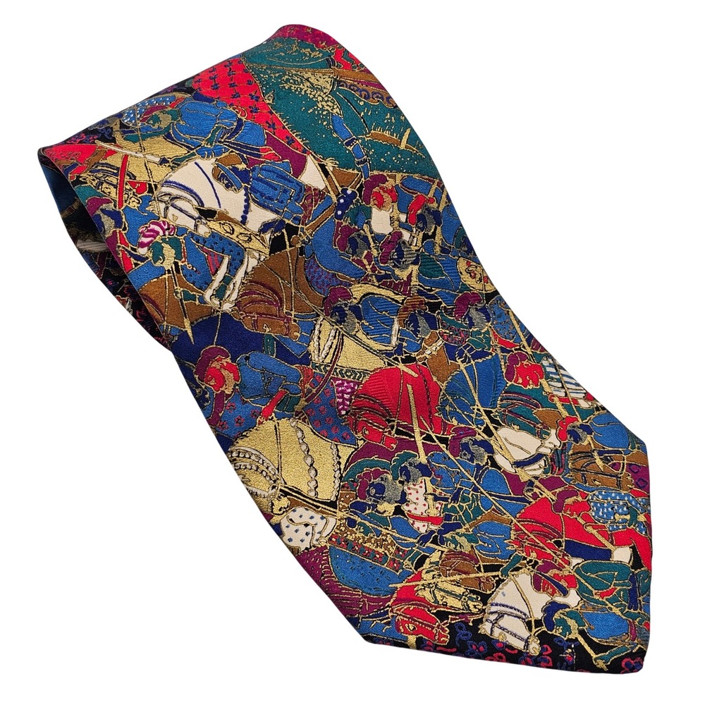 Vintage Brioni Silk Tie Italy Equestrian Jousting Medieval Luxury Novelty Multi